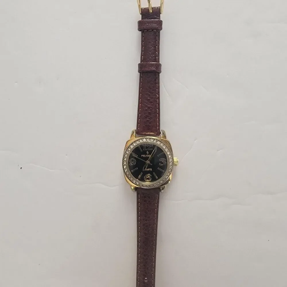 Peugeot Womens Watch 28mm Black Dial Gold Case Brown Leather Strap Dress Quartz